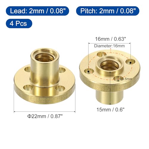QUARKZMAN 4 Stück Tr8x2 1-Gängige Messing Flanschmutter, 2mm Teilung2mm Steigung Trapezgewinde-Spindelmutter mit 4 3.5mm Bohrungen, 22mm AD x 15mm Dicke