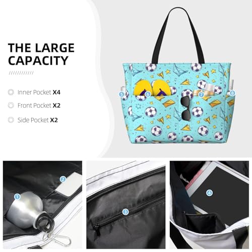 Large Beach Bags for Women Sandproof - Soccer Paper Plane Print Summer Work Travel Tote Bags with Zipper3