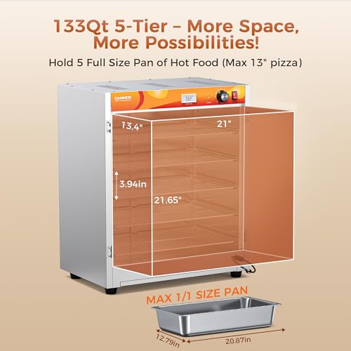 133Qt 5-Tier 900W Commercial Food Warmer with 304 Blued Stainless Steel Heating Element, 5MM Double-Tempered Glass Door, Adjustable Shelves, Electric Catering Hot Box Countertop Heated Holding Cabinet