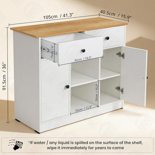Image of ABOUT SPACE 3ft Kitchen Storage Cabinet with 2 Drawers, Open Center Shelf, 2 Closed Cabinet with Adjustable Shelves Modern Kitchen Rack Cupboard for Dining Room, Living Room, Entryway - CM Oak & White