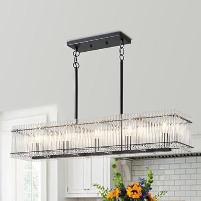 Lanhall 5-Light Modern Crystal Chandelier Luxury Black Dining Room Light Fixture Over Table Rectangle Farmhouse Hanging Pendant Lighting for Living Room, Kitchen Island Ceiling Lights