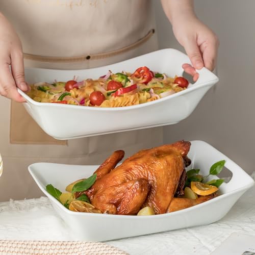 YHOSSEUN Large Serving Bowls with Handles White Serving Dishes For Entertaining, 1.5 Quarts Ceramic Bowl Set Rectangle Serving Platter for Thanksgiving, 2 Pack - Image 6