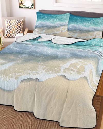 3-Piece Summer Quilt Twin XL Size, Ocean Summer Coastal Lightweight Cooling Bedding Comforter Blanket with 2 Pillow Shams, Sea Waves Blue Green Water Beach Bedspreads Quilted Coverlet Sets 68