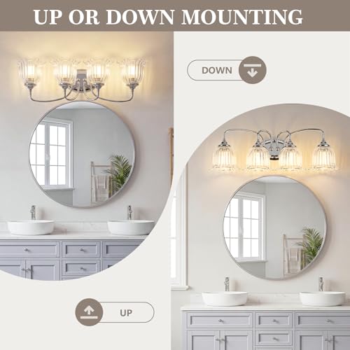 Image of Chrome 4-Light Bathroom Light Fixtures with Floral Glass Shade | Vintage Vanity Lights Wall Sconces Over Mirror for Bathroom Powder Room