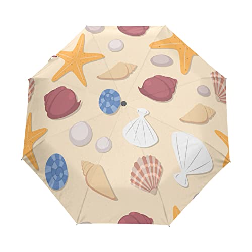 Parapluie pliable automatique imprimé coquillages et étoiles de mer pour adulte et enfant