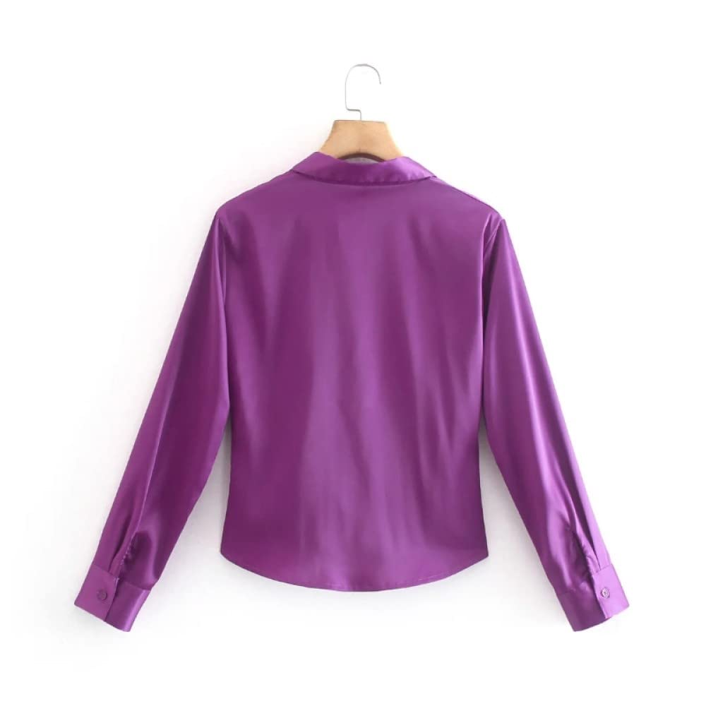 Blusa Donna,Camicette Estive Attillate A Pieghe con Risvolto A Tinta Unita Viola Vintage da Donna Manica Lunga Chic Elegante Casual Top alla Moda Camicia da Ufficio Allentata