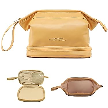 AMAZON - Anyos Leather Makeup Bag, Portable Large Cosmetic Bag for Women, Double Layer Traveling Toiletry Bag Make Up Bag with Brush Organizer (Yellow)