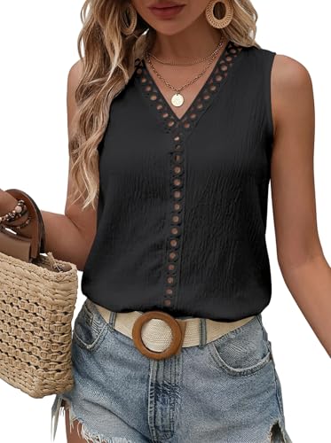 DUOEASE Camiseta Mujer Sin Mangas Casual Basico Cuello en V Top Mujer Verano Elegantes Sexy Blusas（Negro S）