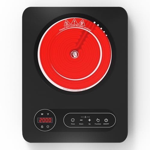 VBGK Plaque Vitrocéramique 2000W, Plaque Electrique 1 Feu, 10 Niveaux, Tables de Cuisson avec Minuterie, Verrouillage de Sécurité, Commandes Tactiles,...