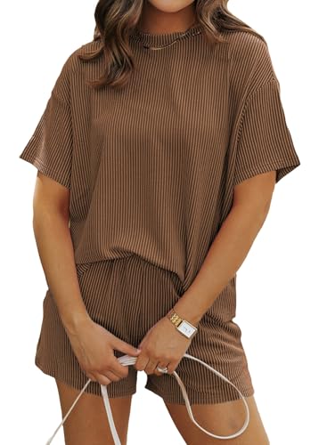 SHEWIN Two 2 Piece Sets for Women Short Sleeve Shirts High Waisted Shorts with Pockets Pajamas Lounge Matching Set