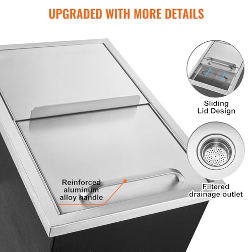 Image of Happybuy Drop in Ice Chest 18L x 12W x 14.5H Inch Stainless Steel Ice Cooler with Sliding Cover Drop in Ice Bin Included Drain-Pipe and Drain Plug for Cold Wine Beer
