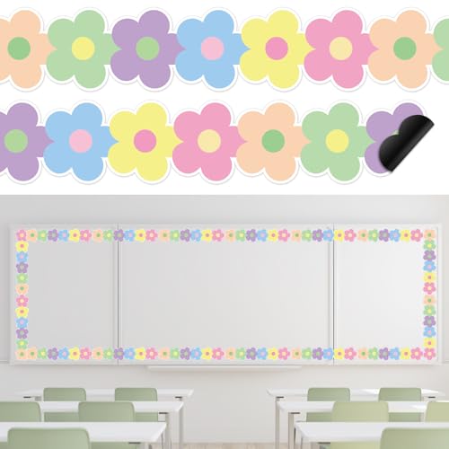 Whaline 24Pcs Pastel Flower Magnetic Bulletin Board Border Back to School Colorful Floral Magnetic Strips Border Trim for Office Classroom Decor