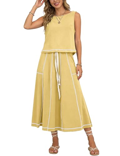 HOWALOOK Women’s 2 Piece Cotton Skirt Set Sleeveless Draped Tank Top Drawstring Midi Skirt Y2K Lounge Outfits(Yellow-M)