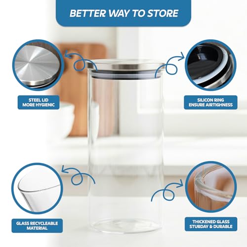 Image of amazon basics Glass Containers for Kitchen, Set of 6, 1000ml Borosilicate Glass Jars with Airtight Stainless Steel Lids for Flour, Rice, Pulses, Cookies & Pantry Storage