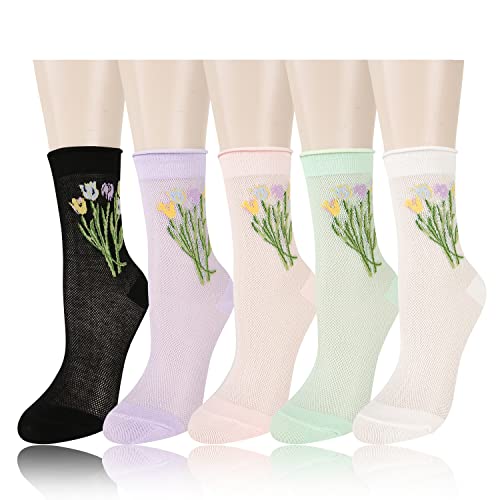 Womens Ruffle Socks Lace Mesh Socks Girls Pretty Frilly Cotton Crew Socks Novelty Elegant Fancy Dress Socks Colorful Floral Patterned Turn Cuff Lettuce Trim High Ankle Socks, 5 Pack-Tulip Flowers #TOP18