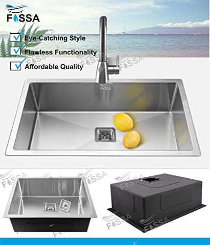 Image of Fossa 27 inchx20 inchx10 inch Premium Stainless Steel Handmade Single Bowl Kitchen Sink | Sink with Waste Coupling and PVC Waste Pipe in Silver (Matte Finish)