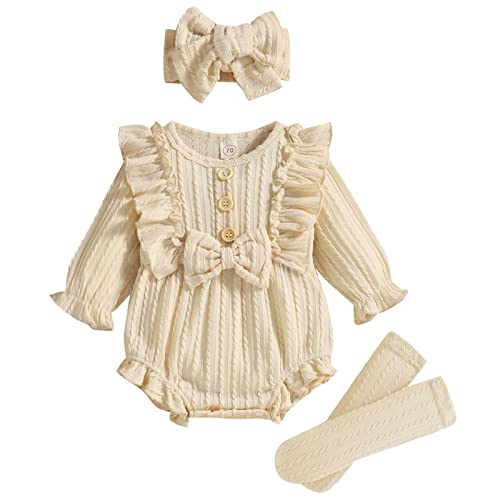 Image of GRNSHTS Newborn Baby Girl Clothes Ruffle Solid Sweater Long Sleeve Romper+Hairband+Socks 3Pcs Fall Winter Outfits
