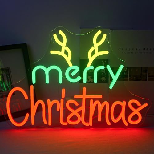 Wanxing Cartello al neon con scritta "Merry Christmas", con scritta "Marry Christmas", con corno di alce, per decorazione da parete, luci al neon per feste di Natale, bar, casa, decorazione natalizia