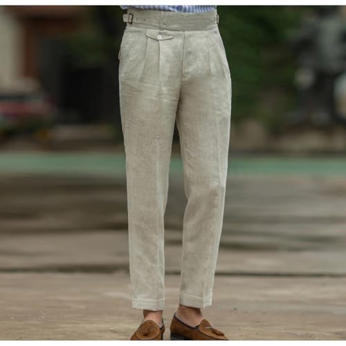 Men's Linen Pants Casual High Waisted Fit Flat Front Dress Pants Office Business Trousers2