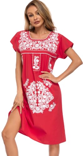 Image of YZXDORWJ Women Mexican Embroidered Long Dress Ruffle Collar Maxi Boho Floral Summer Short Sleeve