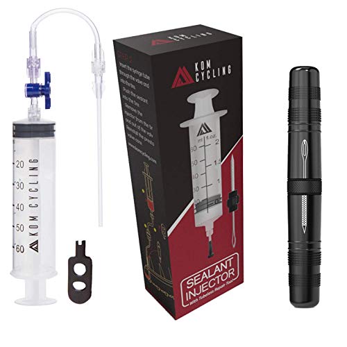 KOM Cycling - Jeringuilla para inyectar líquido «Tubeless», con herramienta de extracción de válvula Presta, para sellante, Inyector + herramienta de reparación sin cámara.