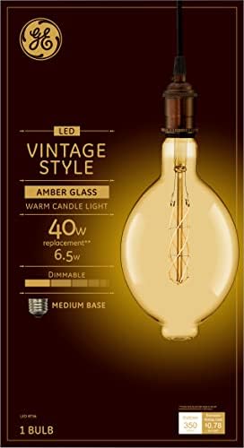 GE Vintage Style LED Light Bulb, 6.5 Watts (40 Watt Equivalent) Warm Candle Light, Amber Glass, Medium Base, Dimmable (1 Pack)
