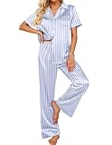 Ekouaer Silk Pajamas for Womens Set 2 Piece Satin Pjs Soft Button Down Sleepwear Wide Leg Long Pants with Pockets