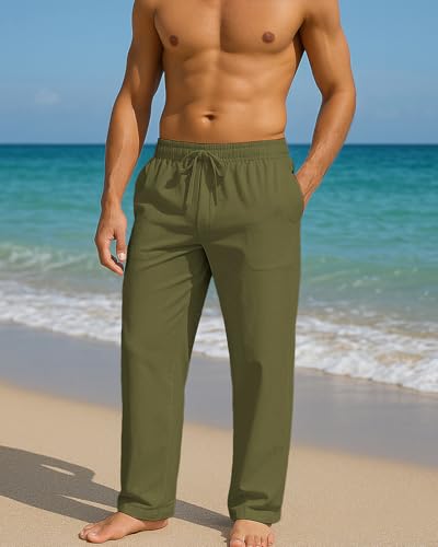 Image of PIDOGYM Mens Cotton Linen Pants Beach Casual Pajama Pants with Pockets | Elastic Waist Drawstring, Lightweight, Wide Leg Loose Design, Vacation Summer Outfits, Baggy Dress Trousers, Yoga for Women