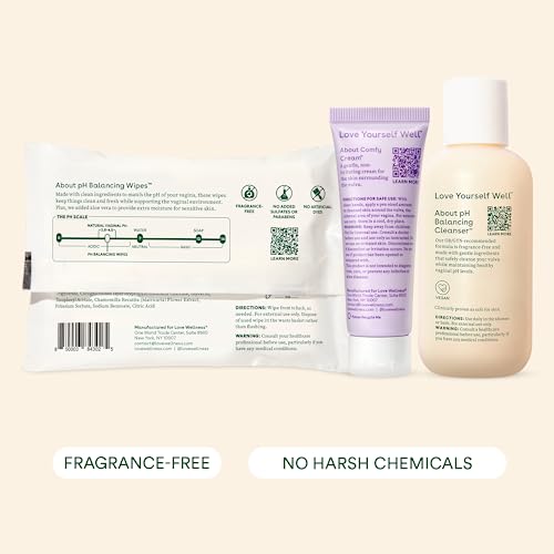 Love Wellness Vulva Moisturizer, Feminine Wipes & Wash Set | Comfy Cream, pH Balancing Cleanser & Wi