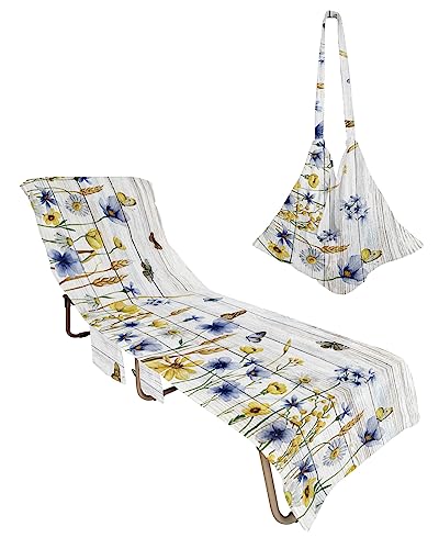 Butter-flt Flower, Beach Lounge Chair Towel Cover, Soft Chaise Lounge Towel with Side Pockets Patio Pool Chairs Cover for Beach/Pool Sunbathing 29x85 Autumn Leaves Blue Yellow Farmhouse