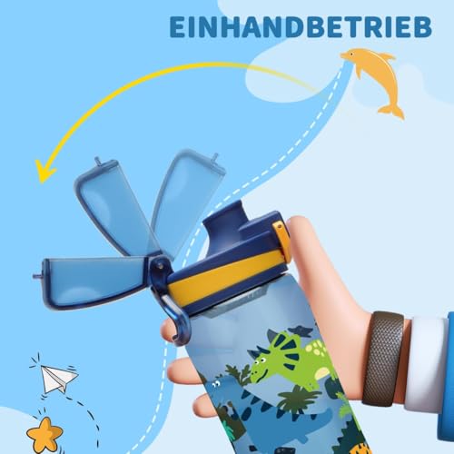 Opard 500mL Kinder Trinkflasche Schule mit Auslaufsichere Flip-Top Deckel, Kohlensäure geeignet BPA-freie Tritan, Wasserflasche Kinder, Blauer Dinosaurier