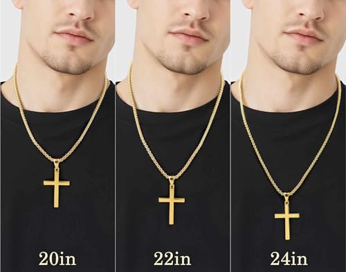 Gold Cross 14K Gold Cross Necklace for Men Crosses Pendant Necklaces for Men Crosses Chain Necklaces for Mens Simple Plain Lines with Smooth Polished Shinny Flat Box Chain Necklace Mens 20/22/24in3