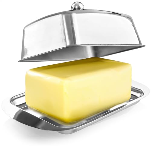 COM-FOUR® beurrier en acier inoxydable - grand beurrier en acier inoxydable - beurrier avec couvercle et poignée - lavable au lave-vaisselle - avec bouton...
