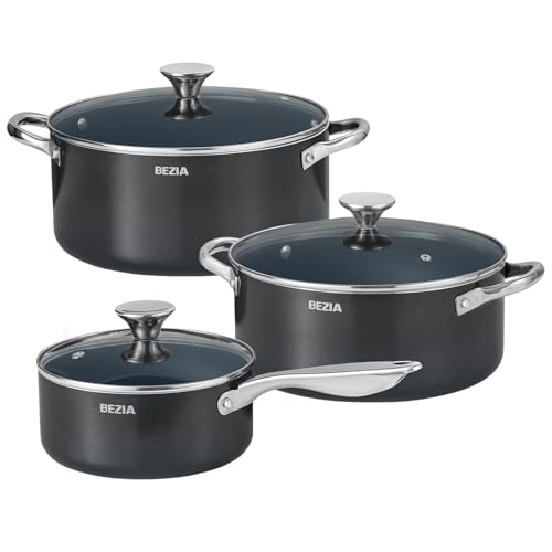 Induction Cookware Set 6-Piece, Stackable Kitchen Cooking Pots Set, 6qt 4.8qt & 2qt Pots with Lids, Dishwasher Safe & Oven Safe, Compatible with All Stoves, Black by BEZIA - Used condition - US$58.23