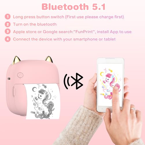 ZQEJEFD Mini Drucker, Tragbarer Mini Fotodrucker Thermodrucker Smartphone Taschendrucker, Wireless Bluetooth Fotodrucker Kompatibel mit Android & iOS mit 14 Rollen Papier für Notizen, Liste, Rosa