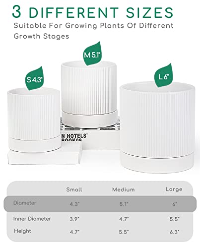 LaDoVita 3 Pack Ceramic Plant Pots 6/5/4 inch, Flowerpot for Indoor Plants with Drainage Holes and Tray, Outdoor Garden Planters, Modern Decorative for Home, White Vertical Stripes