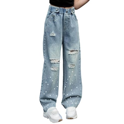 Pantalones vaqueros anchos para niña con pedrería fina y roturas estilo denim de verano