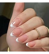 French Tip Press on Nails Almond Short Fake Nails Glossy Nude False Nails White Tip Nails Glue on...