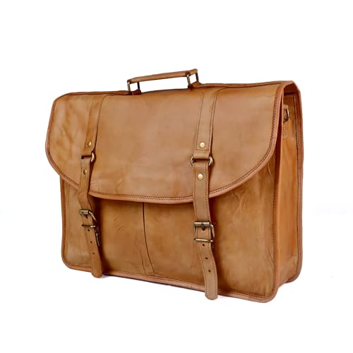 Vintage Brown Genuine Goat Leather Messenger Bag, Brass Hardware, Tan Brown2