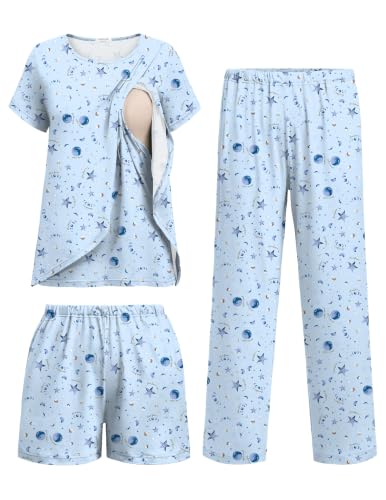 Image of Ekouaer 3 PCS Maternity Nursing Pajamas Set Postpartum Breastfeeding PJS | 3-Piece Set, Including Short Sleeve Shirts, Pregnancy Shorts & Pants, Buttery Soft, Skin-Friendly Feel