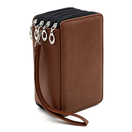 BTSKY PU Leather Colored Pencil Case with Compartments-72 Slots Handy Pencil Bags Large for Watercolor Pencils, Gel Pens and Ordinary Pencils (Brown)