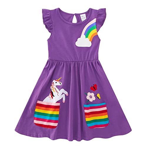 Image of SFreeBo Rainbow Dress for Girls Cotton Sleeveless T-Shirt Dress with Large Stripe Pockets Girls Party Dresses 6-7 Years Kids Unicorn Flower Embroidery Sundress