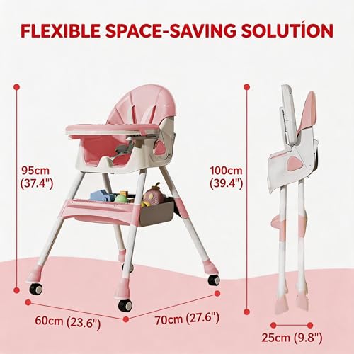 2026 Baby High Chair, 3 in 1 Foldable and Adjustable Baby Highchair, Convertible Highchair for Babies and Toddlers, Infant Dining Booster Seat with Removable Tray (Pink) - Image 6
