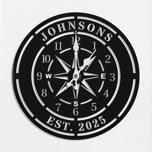 Personalized Compass Wall Clock, Custom Iron Wall Clock with Unique Text, Black Vintage Nautical Decor for Living Room, Office, Mantle, Unique Housewarming Gift, Anniversary Wedding Gift for Him