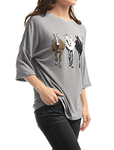 Allegra K Women's Christmas Drop Shoulder 3/4 Sleeves Horse Print Loose Top Medium Gray #TOP3