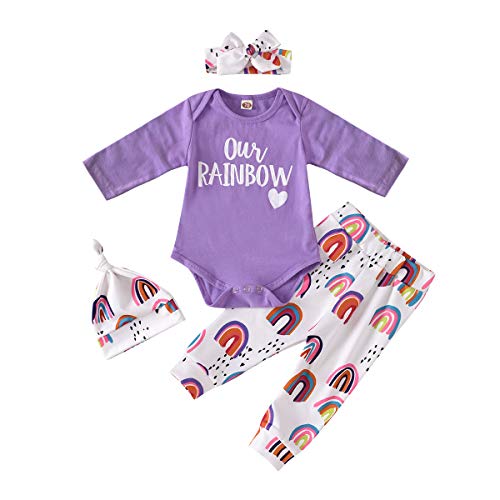 DOSYZTO Infant Baby Girl Fall Clothes Long Sleeve Auntie's Bestie Romper Floral Arrows Leggings Pants Hat 4Pcs Outfits Set (Purple, 3-6 Months)