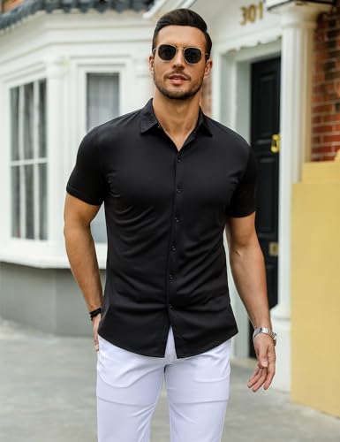 URRU Men's Muscle Dress Shirts Slim Fit Stretch Wrinkle Free Short Sleeve Casual Button Down Shirts3