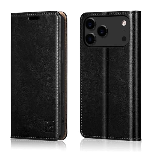 Belemay Leather Wallet Case Compatible with iPhone 17 Pro, Premium Cowhide Leather Two-Tone Effect, RFID Blocking Card Holders, Shockproof TPU Shell, Kickstand, Protective Flip Cover, 6.3", Black by Belemay - Used condition - US$10.92