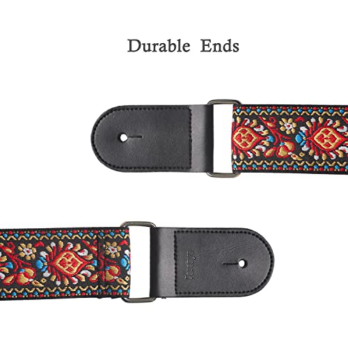Farcaya Guitar Strap Acoustic Electric Bass Guitar Strap Jacquard Weave Cotton Adjustable Guitar Shoulder Strap With 2Strap Locks + 3Picks+ Headstock Strap Button (Red Flower) #TOP3