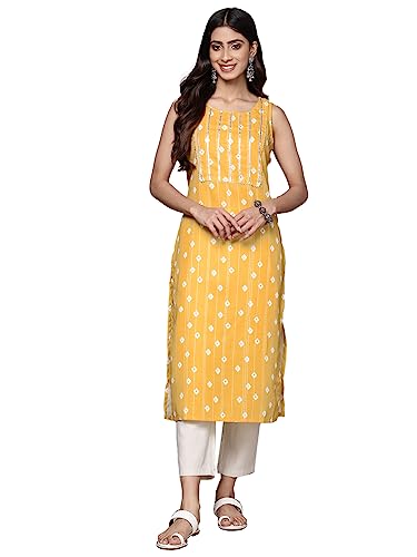 Image of ishin Women's Silk Ethnic Motifs Mustard Straight Kurta
